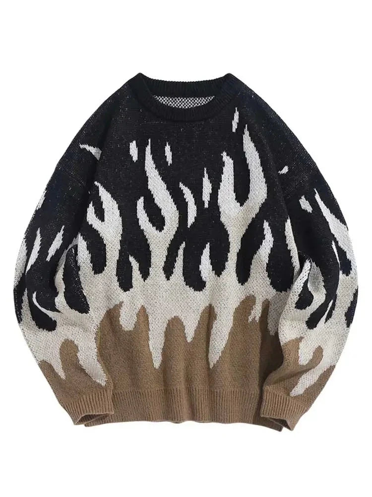 Sweater for Men Fire Flame Graphic Sweaters Y2K Streetwear Knit Pullover Long Sleeves Fall Winter Warm Jumper masculino