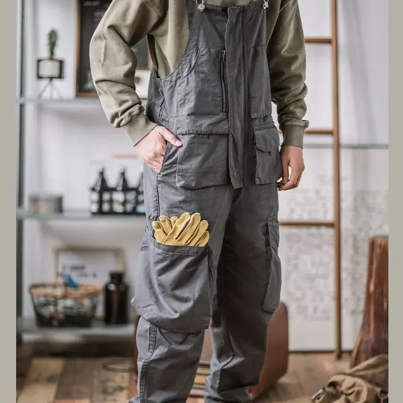 saferido American Retro Tooling Bib Loose Casual Vintage Overalls Men‘s Suspenders Trousers Multiple Pockets Cargo Pants Jumpsuit M-4XL