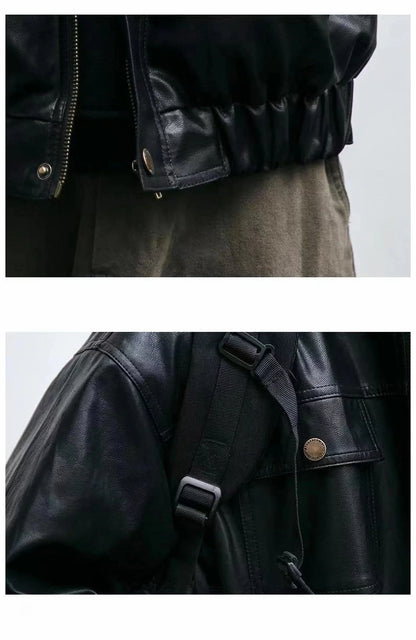 saferido Oversized Men's Leather Jackets Black VIntage PU  Biker Coat Faux Leather Bomber Jacket Punk Big Pockets Windbreaker Overcoat