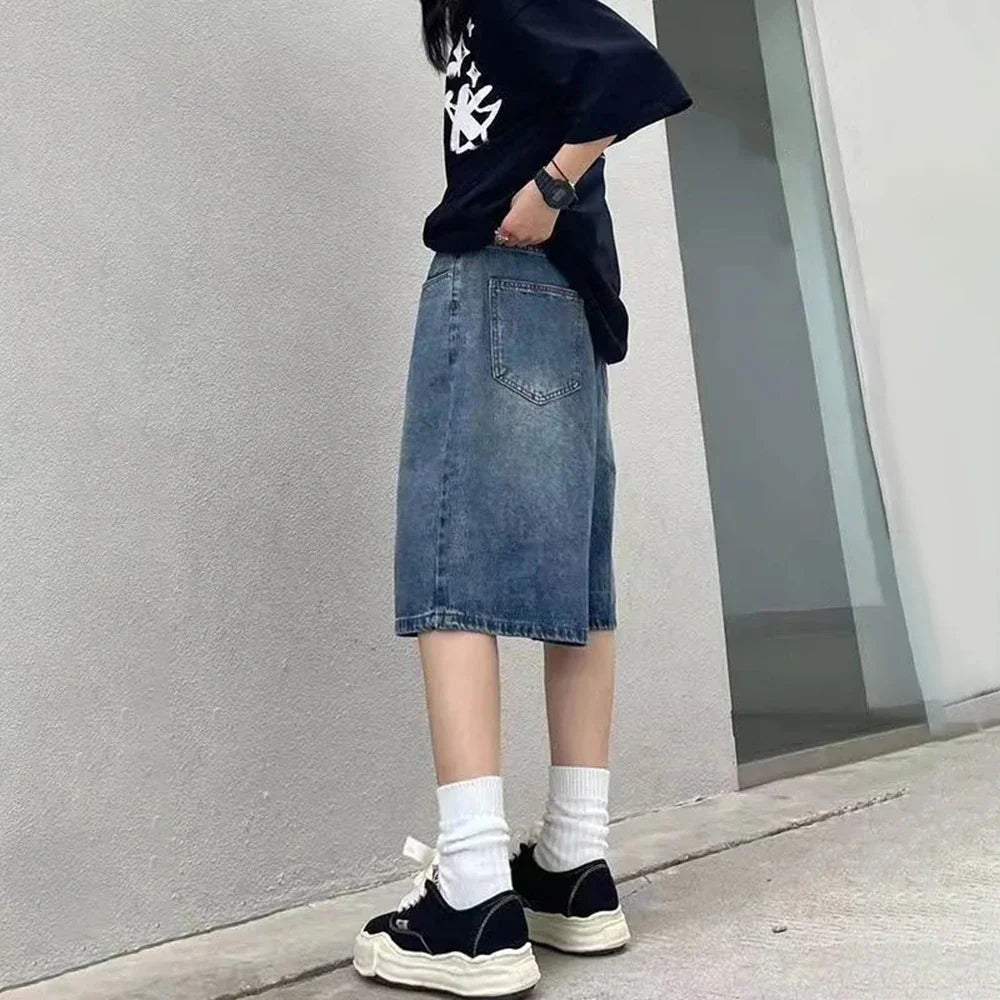 saferido Mens Y2k Casual Streetwear Denim Shorts with Belt 2024 Spring Summer New Genderless Sports Simple Solid Color Loose Jeans Unisex