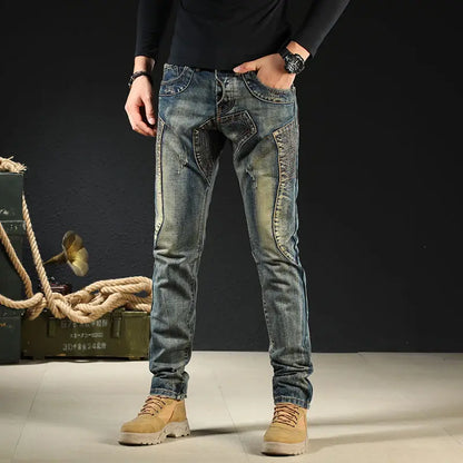 saferido Jeans for Men Motorcycle Slim Fit Vintage Skinny Spliced Buggy Trousers Male Cowboy Pants Tight Pipe Japanese Street Style Denim