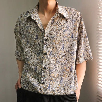 Korean Fashion Cashew Floral Shirts Mens Short Sleeve Chiffon Dropped Loose Casual Retro Half Sleeve Hawaiian Shirts for Men