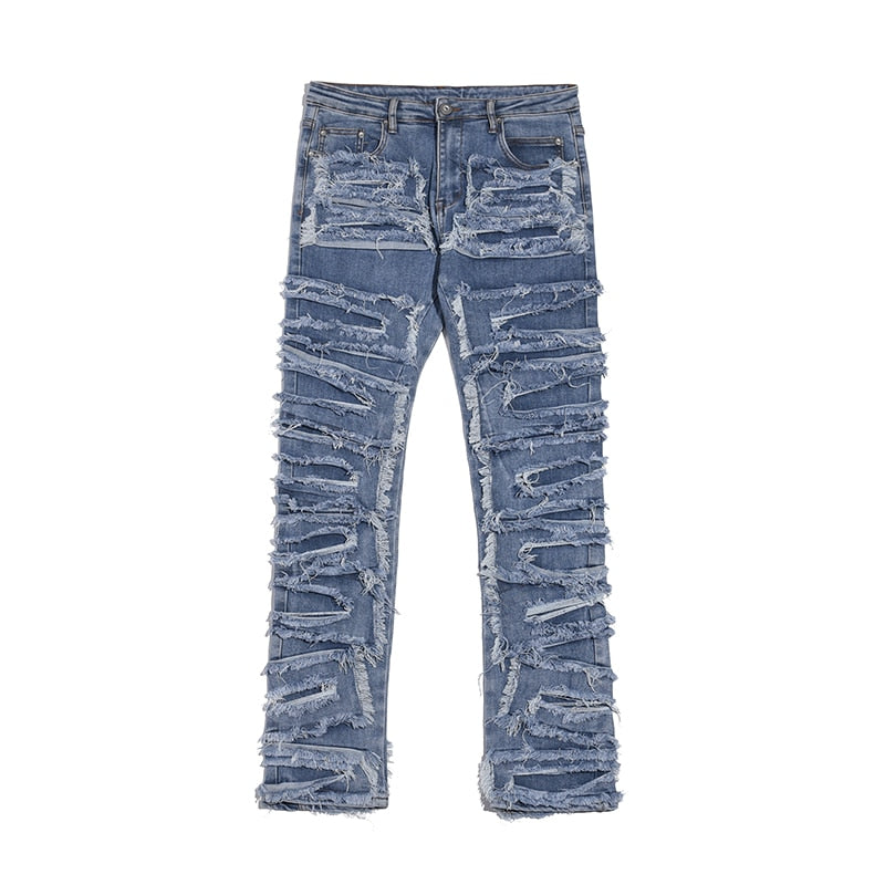 Heavy Industry Hole Frayed Destruction Waxed Jeans Mens High Street Retro Straight Ripped Pencil Pants Oversize Denim Trousers