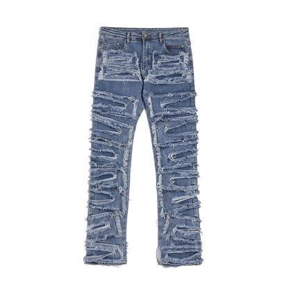 Retro Hole Ripped Distressed Jeans for Men Straight Washed Harajuku Hip Hop Loose Denim Trousers Vibe Style Casual Jean Pants