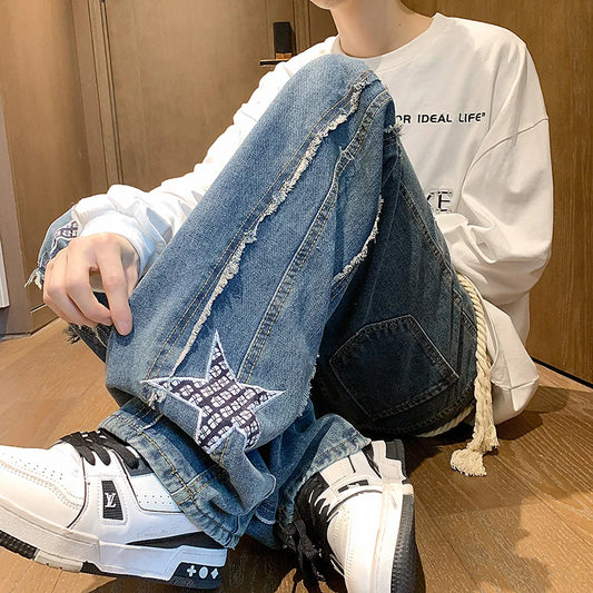 saferido Spring New Star Embroidery Burrs Patchwork Jeans Fashion Streetwear Loose Straight-leg Denim Pants for Men and Women 5XL-M