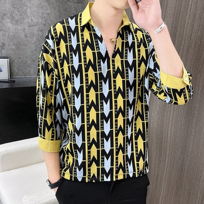 ngland Style Fashion Print Shirt Men Summer Men Three Quarter Sleeve Luxury Shirt Casual Loose Shirts