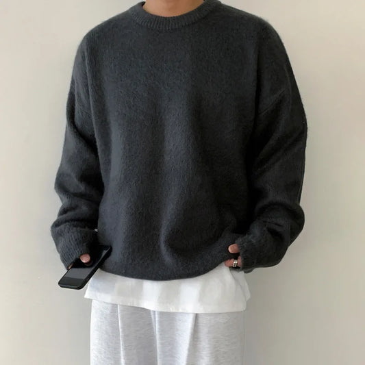 Winter Round Collar Mohair Solid Color Sweater Loose Korean Style Vintage Kintted Sweater Pullover Men Clothing