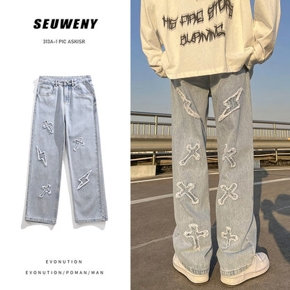 New Men's jeans Neutral Wide Leg Denim Trousers Loose Straight Luxury Jeans Youth Street Casual Cross Embroidery Hip hop Pants