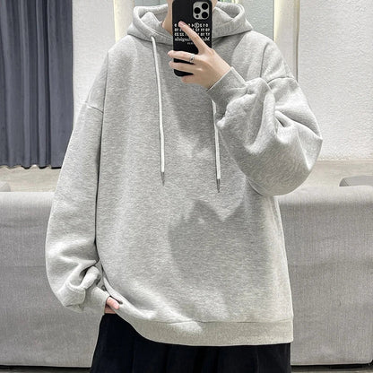 saferido Men's Multicolour Patternless Hooded Sweatshirt Korean Loose Large Size 5XL Casual  Long Sleeve Top Simple Unisex Style T-Shirt