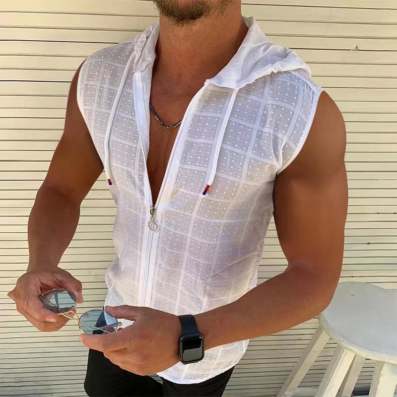 Summer Fashion Sleeveless/Long/Short Sleeved Hoodie Zipper T shirt Casual Plaid print Open Stitch Beach Sun Protection Clothing