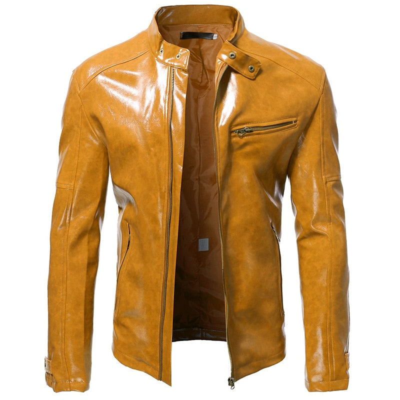 Men's Autumn New Shiny Leather Jacket Fashion Self-cultivation  Stand-up Collar Motorcycle Suit PU Handsome Short Top S-5XL