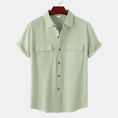 Double Pocket Cotton Linen Shirt Men Summer Short Sleeve Casual Button Down Shirts Mens Beach Holiday Breathable Camisas