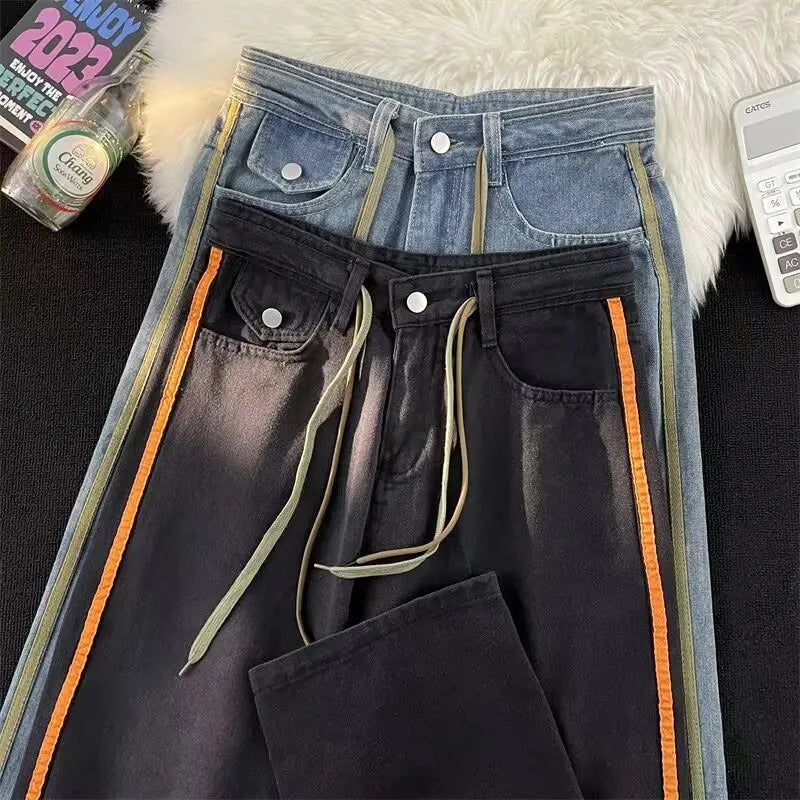 saferido American Retro Drawstring Jeans Men's High Street Causal Loose Straight Draping Wide Leg Pants Men Trousers Male