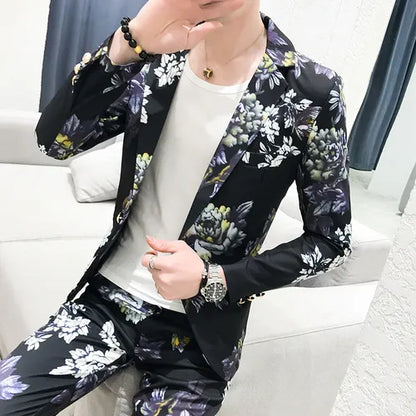 saferido (Jackets+Pants)  Men's Spring Printed Business Blazers/Male Slim Fit Casual Suit of Two Pieces Groom's Wedding Dress S-3XL