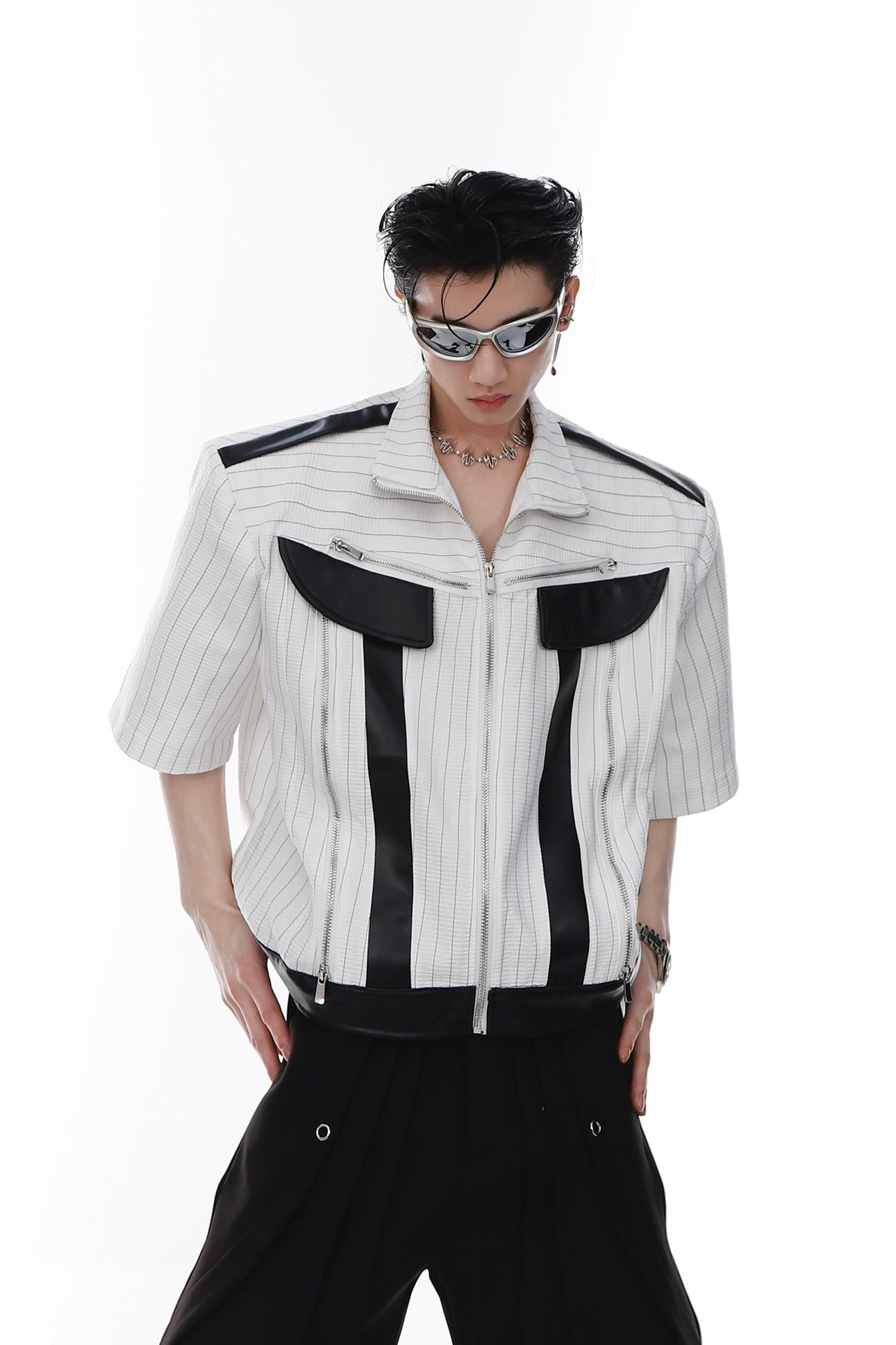 Summer Niche Design Stripe Men's Shoulder Pad Jackets Trendy Contrast Color Patchwork Short Sleeve Fashion PU Tops