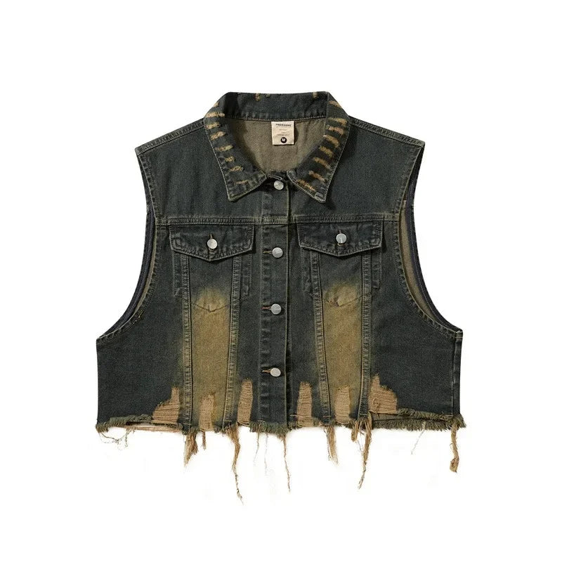 saferido American Style Vintage Denim Vest Cropped Fringed High Street Jacket Casual Loose Fit Sleeveless Tank Top For Men Women