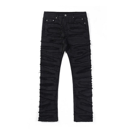 Heavy Industry Hole Frayed Destruction Waxed Jeans Mens High Street Retro Straight Ripped Pencil Pants Oversize Denim Trousers