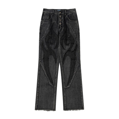 High Street Solid Color Patchwork Skulls Embroidery Casual Denim Pants Men and Women Elastic Waist Baggy Jeans Trousers