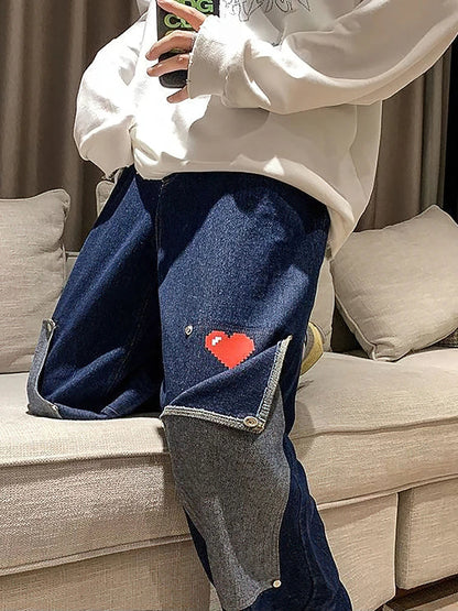 saferido Harajuku Wide Leg Baggy Jeans Pants Men Love Heart Oversize Straight Denim Buttton Cargo Long Trousers Streetwear Student New