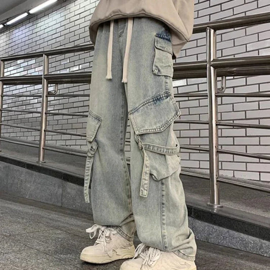 saferido  And Winter New Japanese Overalls Jeans Men And Women American Retro High Street Micro-la Washed Wide-leg Straight Pants