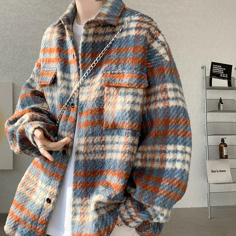 saferido Winter Short Woolen Coat Men Retro Thickened Woolen Jacket Men Korean Loose Plaid Woolen Coat Men Oversized Thick Jackets M-2XL