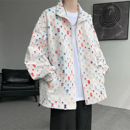 saferido Hollow Out Jacket Men Oversized Colorful Plaid Jacket Men Streetwear Hip-hop Loose Bomber Jacket Mens Lapel Hole Patch Jackets