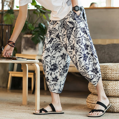 Summer Harajuku Calf Length Casual Men's Pants Wide Leg Cotton Linen Printing Harem Baggy Pants Fashion Men's Clothing