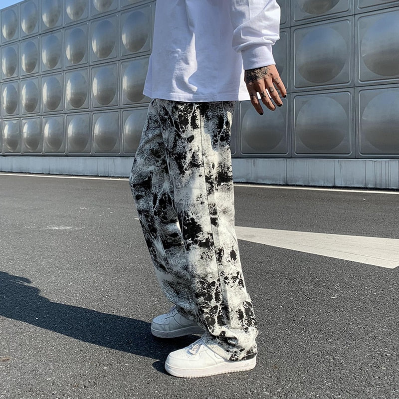 Mens Fashion Printed jeans Spring  Mopping Trousers Jeans Korean Style High Street Loose Hip Hop Wide-leg Jean Pants