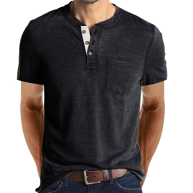 Summer Henley Collar T-Shirts Mens Short Sleeve Casual Men's Tops Tee Fashion Solid Cotton T Shirt for Men