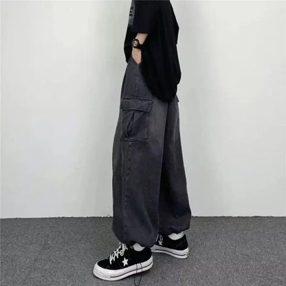 saferido Spring Autumn High Street Hip Hop Wide Leg Trousers Men's Straight Leg Loose Casual Big Pocket Jeans Men Bottom Male