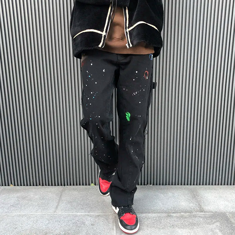 Streetwear Graffiti Cargo Flared Jeans Khaki Black Splash Ink Wide Leg Denim Pant Hip Hop Cargo Trousers Jean Men