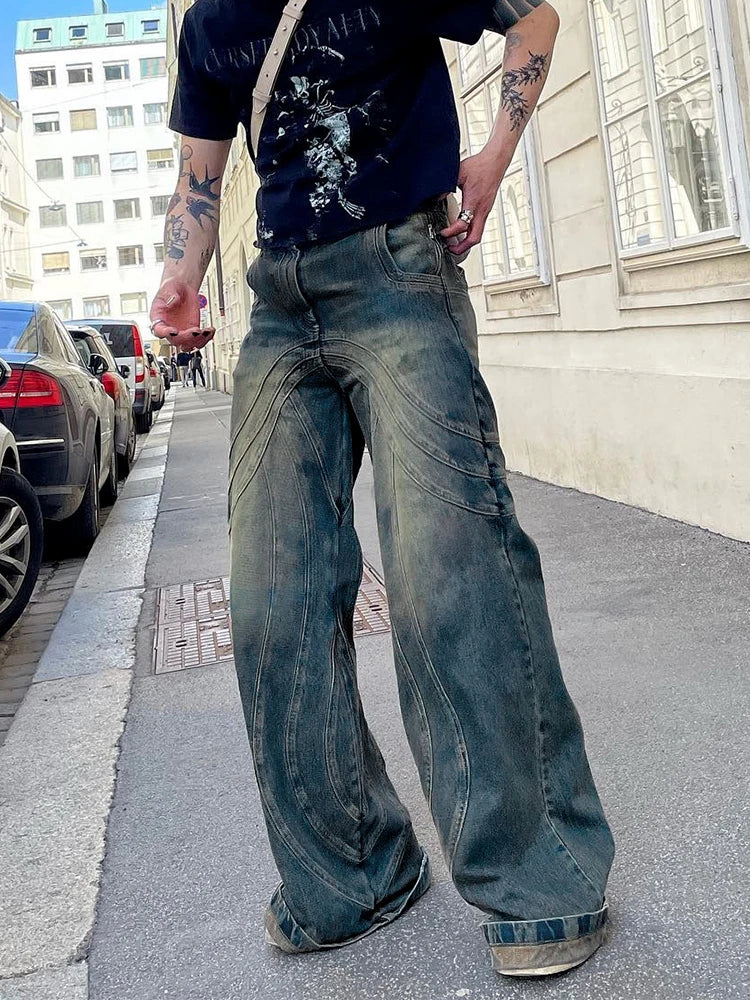 Retro Blue Baggy Jeans Men'S Jeans, Y2k Hip Hop Street Casual Pants Loose Wide Leg Splice Pants Multi-Pocket Sweatpants