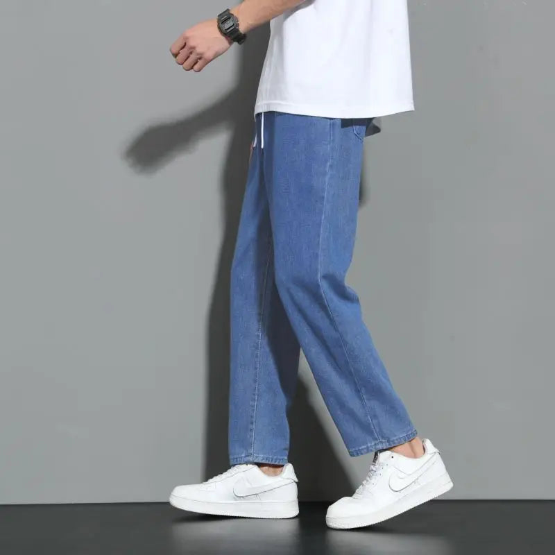 saferido Fashion Korean Sports Casual Loose Straight Jeans Men Solid Elastic Waist Drawstring Pockets Versatile Trendy Wide Leg Pants