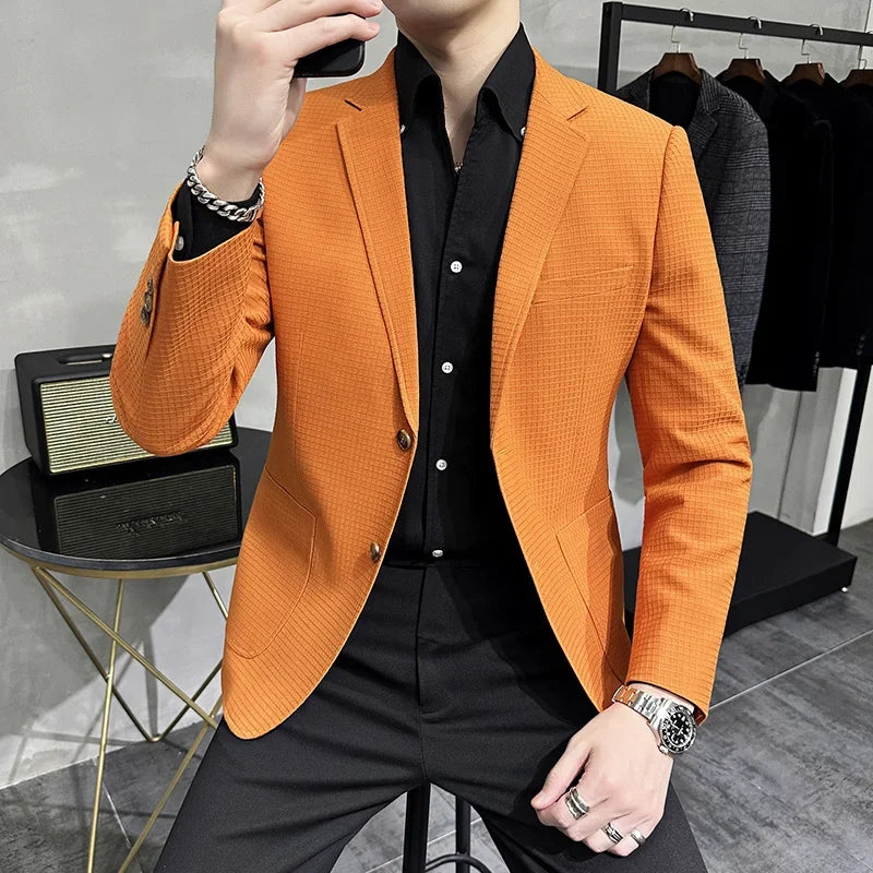 saferido British Style Single-breasted Men Blazers Slim Wedding Business Casual Suit Jacket Houndstooth Street Wear Social Dress Coat