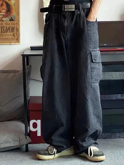 saferido Baggy Jeans for Men Black Denim Cargo Pants Wide Leg Pants Oversize Cargo Pants Korean Streetwear Hip Hop Harajuku