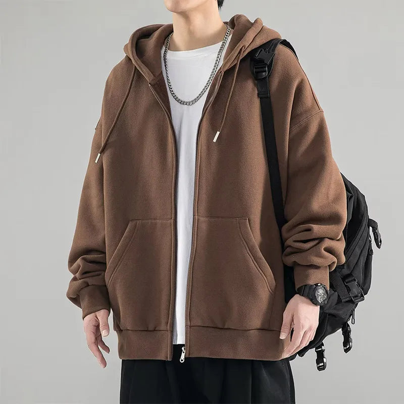 New Men's Jacket Sweatshirt  Autumn Casual Solid Zipper Pocket Hoodie Loose All-match Trend Tracksuit Cardigan Oversize Top