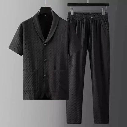 Fashion Men's Two Piece Sets Spring Summer Casual Short Sleeve Shirts Pants Suit Solid Geometry Pattern Printed Outfit Men