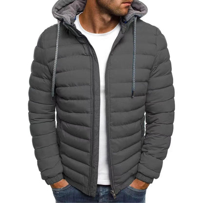 Outdoor Men's Cotton Clothes Fashion Trend Solid Color Long-sleeved Overcoat Winter Warm Hooded Jacket Oversized Zipper Tops