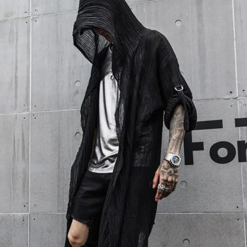 saferido Mens Pleated Dark Style Hooded Cardigan Cape Personality Nightclub Punk Rock Hip Hop Gothic Retro Woven Cotton Long Shirt Unisex