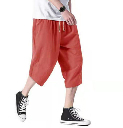 HOUZHOU Cotton Linens Pants for Men Oversize Harem Cropped Trousers Male Summer Casual Beach Japanese Streetwear Hip Hop