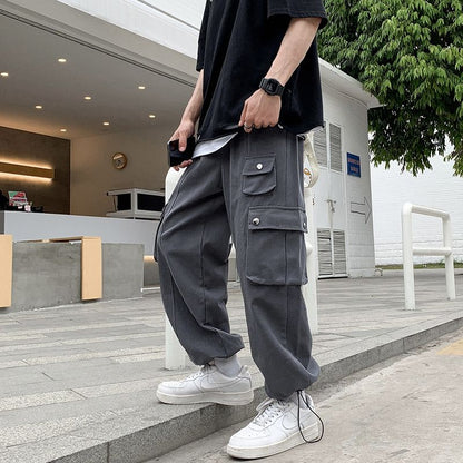 Hong Kong Breeze Bomb the Street Multiple Pockets Male Cargo Pants New Classic Loose Straight Cylinder Casual Man Trousers