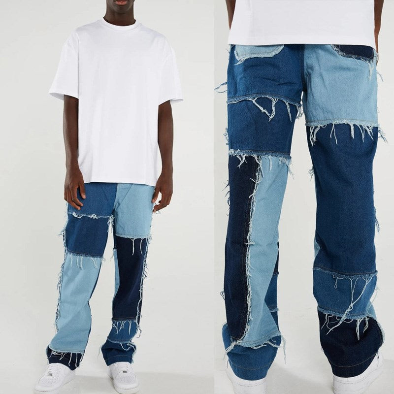 Men Wash Patch Design Jeans Hip Hop Harajuku Punk Style Splicing Straight Pants Denim Jeans Loose Street Cotton Tassel Trousers