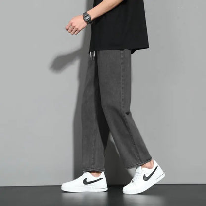 saferido Fashion Korean Sports Casual Loose Straight Jeans Men Solid Elastic Waist Drawstring Pockets Versatile Trendy Wide Leg Pants