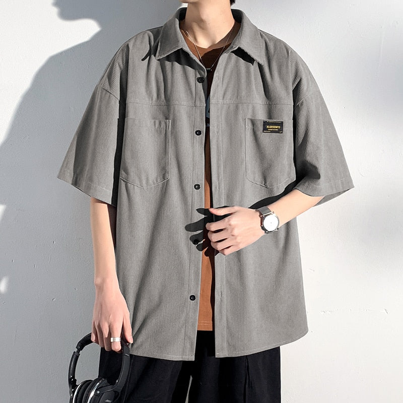 Spring Men's Corduroy short sleeve Shirts Fresh Harajuku Neutral Woman Fashion Casual Oversize Hip Hop College Shirt Coat