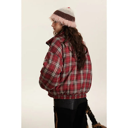 Vintage Double-sided Jacket Parka Men Women Cropped Plaid winter Thicken Stand Collar Loose Coat Street Outwear Lightweight New