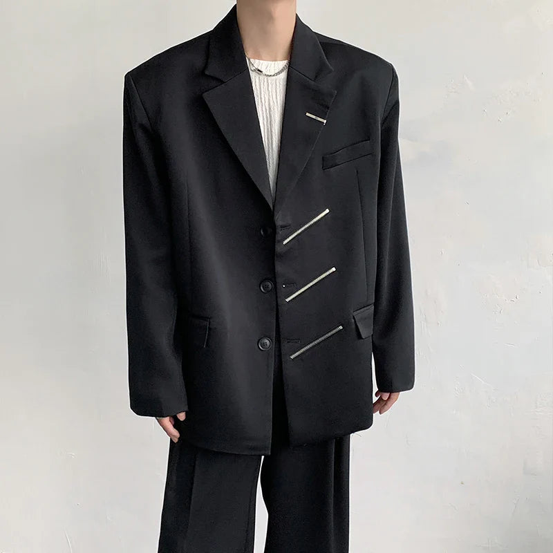 saferido Oversized Black Blazer Men High-end Fashion Leisure Suit Jackets Multi-zippers Male Streetwear Casual Korean All-match Suit