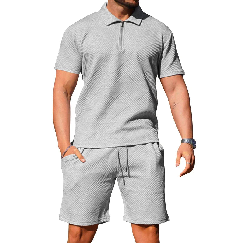 saferido  Spring/Summer New Men's Casual Short Sleeve Polo Neck T-shirt Texture Shorts POLO Shirt Two Piece Set