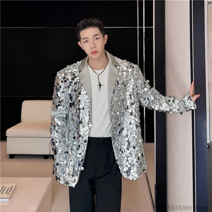 saferido Men's Sequins Blazer Glitters Bling Suit Jacket Singer Stage Shiny Clothing Black Silver Oversize Party Suit Coat Man