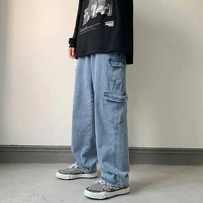 saferido Baggy Men Jeans Straight Cargo Pants Spring Autumn Fashion Vintage Blue Denim Trousers Casual Oversized Bottoms Male Y2K Clothes