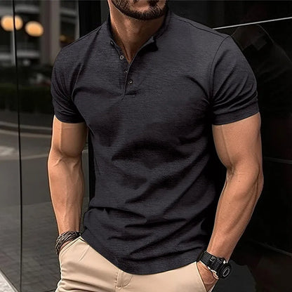 Solid Stand Collar Short Sleeve Men's Shirts Fashion Handsome Business Shirt Men Clothing Summer Casual Button Fit Gym Male